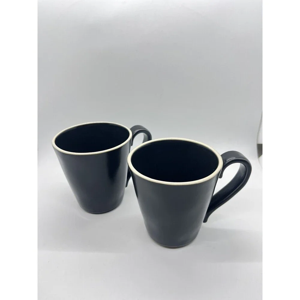 Crate & Barrel Marin Black Matte Coffee Mugs Curved Rim Portugal - Set Of 2
